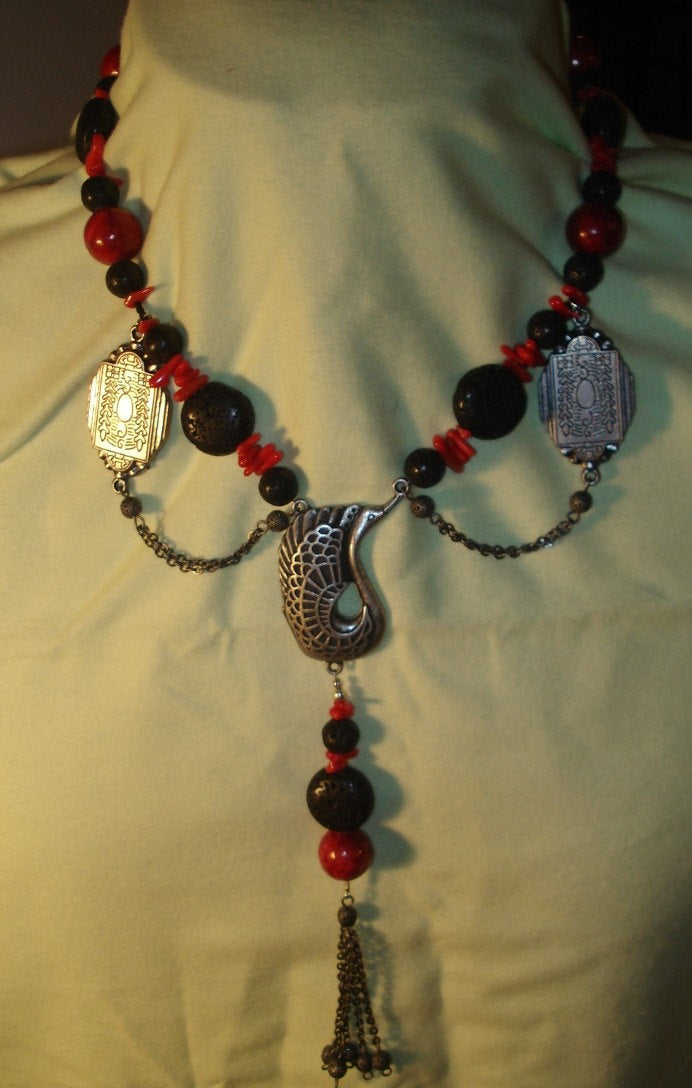 Coral and Lava stone bead necklace
